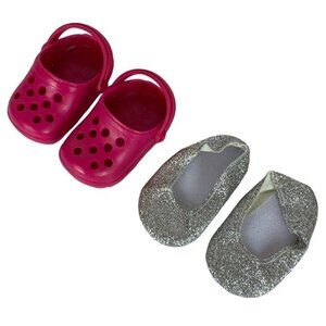 Our Generation Doll Shoe Lot Of 2 Pair Pink Plastic Clogs Silver Sparkly Flats